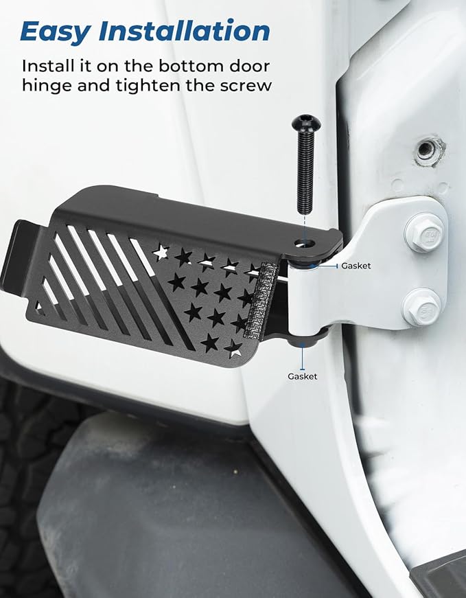 JOYTUTUS Upgraded 120° Wrangler Foot Pegs for Wrangler JK JL Gladiator JT 2007 to 2026, Exterior Door Hinge Metal Powder Coating Rest Pedals with US Flag Foot Rest Kick Panel Accessories