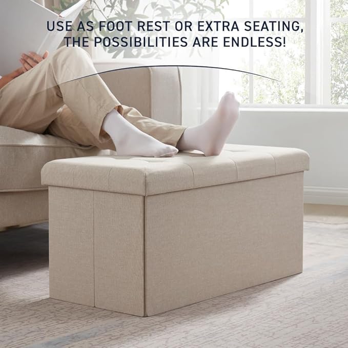30 Inches Folding Storage Ottoman Bench, Ottoman Foot Rest, Storage Chest, End of Bed Foot Rest Stool with Padded Seat for Living Room, Bedroom, Entryway, Support 660lbs, Linen, Beige