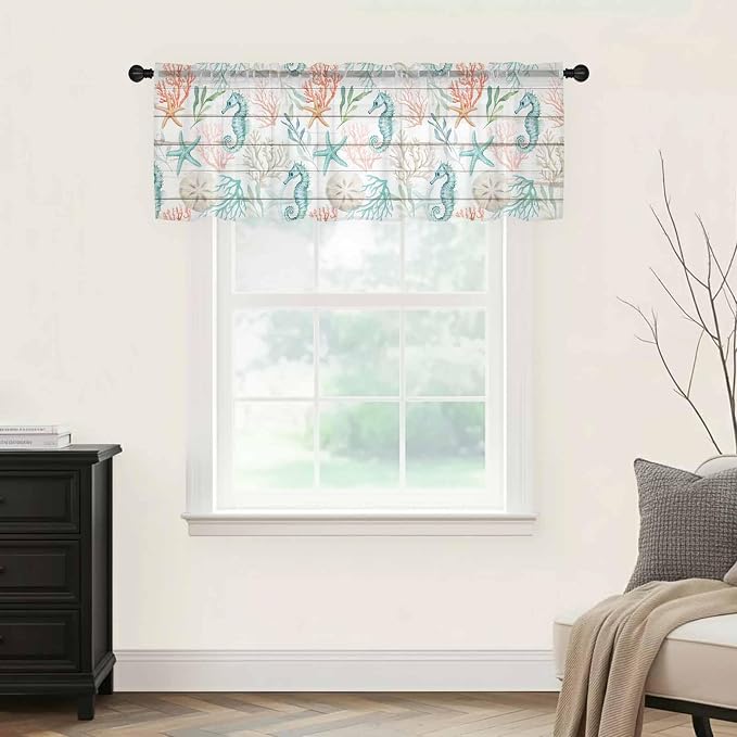 Teal Seahorse Starfish Sheer Valance Curtains, Summer Beach Coral Shell Board