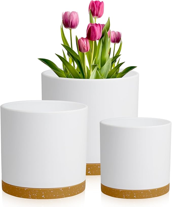 12/10/8 inch Large Flower Pots, 3 Pack Cylinder Deep Plant Pots for Outdoor Indoor Plants, Tall Plastic Planters with Drainage Holes and Saucers for Garden House Plants, White with Brown