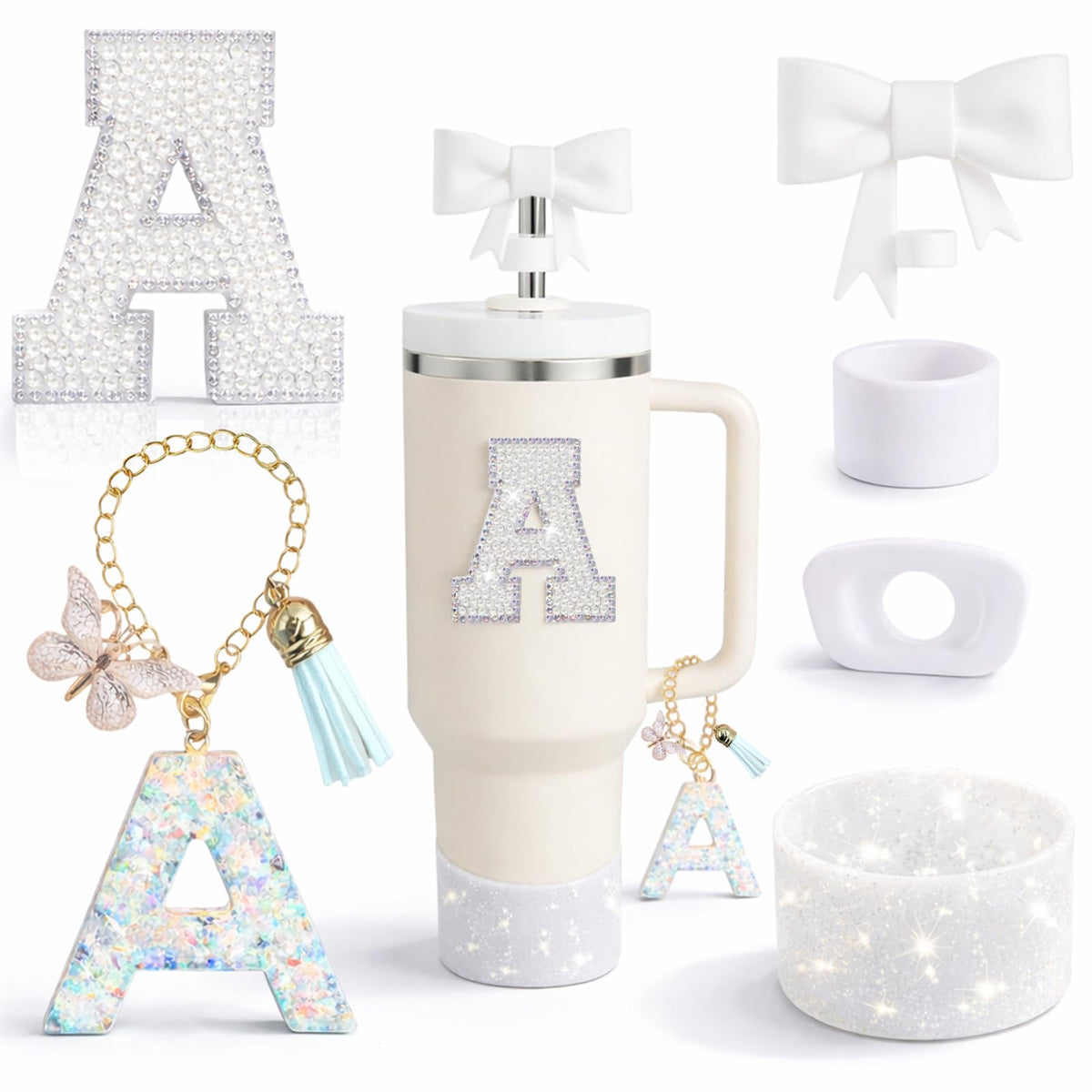 6PCS White Stanley Cup Accessories Set Fit for Stanley Cup 30oz 40oz. Including Handle Charm, Personalized Initial Sticker, Straw Topper, Sparkly Silicone Boot, Spill Proof Stopper