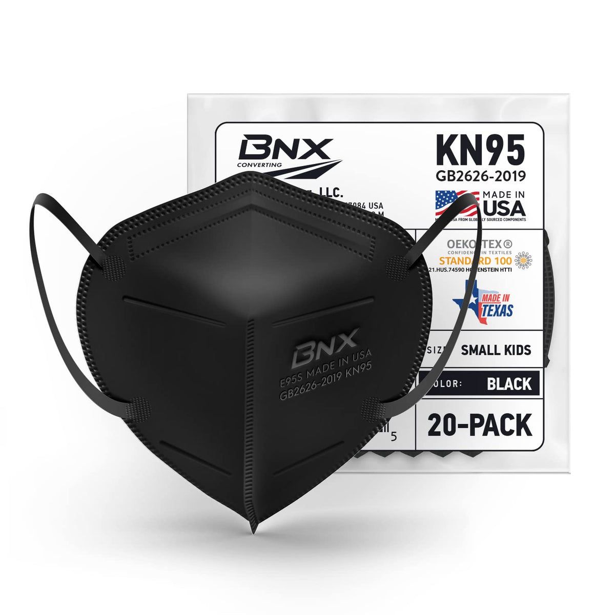 BNX 20-Pack Kids KN95 Face Mask, Disposable Particulate KN95 Mask Made in USA, Protection Against Dust, Pollen and Haze (20 Pack) (Earloop) (Model: E95S) Black