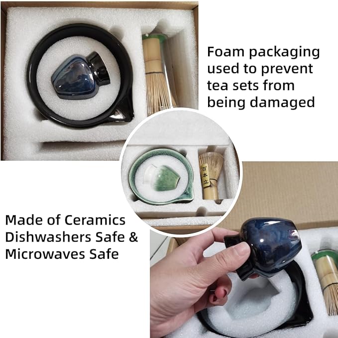 ZaH Matcha Whisk Set - Kit of 5pcs - Matcha Whisk and Bowl, Ceramics Whisk Holder, Bamboo Tea Scoop, Sifter (Ombre Green)