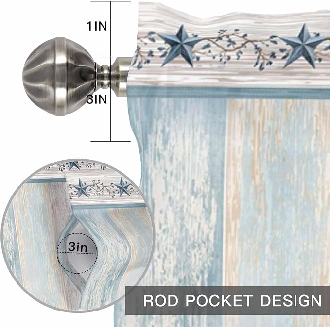 Blue Texas Star Valances for Windows, Vintage Star Berry Blue Beige Wood Grain