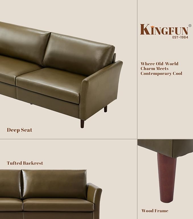 Kingfun Faux Leather 3 Seat Couch for Living Room, Mid Century Modern Sofa with Rolled Arms and Deep Seats, Fluffy Comfort for Apartment, Easy to Assemble, Olive Green