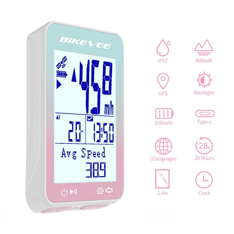 Bikevee GPS Bike Computer Wireless Bicycle Speedometer Odometer 9 Languages Auto Backlight Auto Start Stop IPX7 Waterproof 2.4 Inch LCD with Out Front Mount Supports MPH KMH - Pink