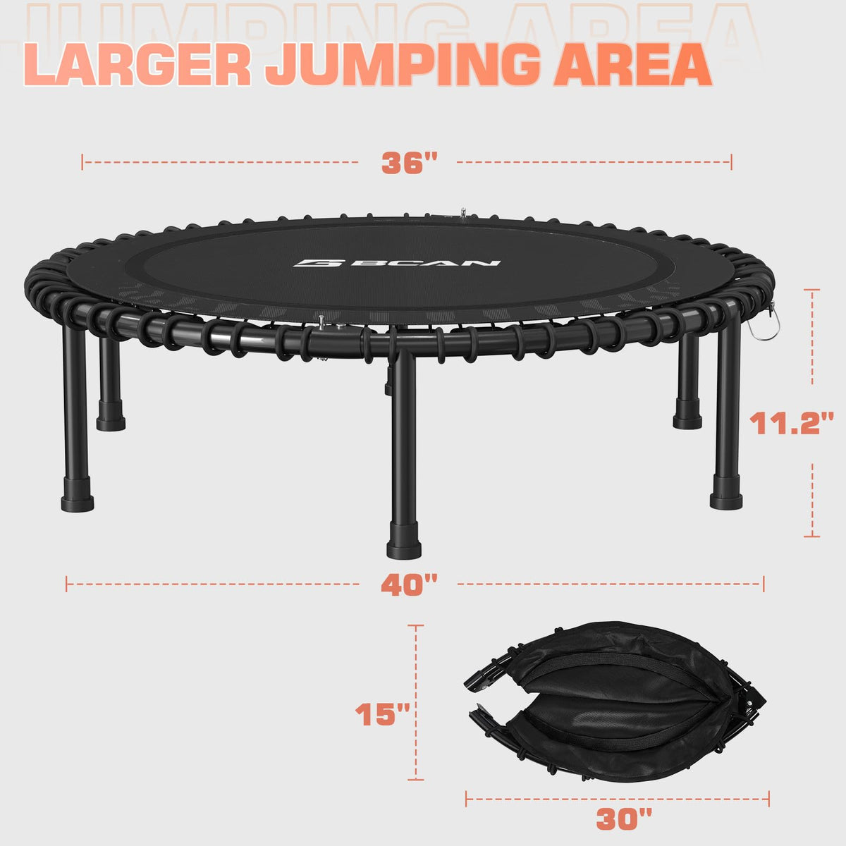 BCAN 450/550LBS Rebounder Trampoline for Adults, 40"/48" Foldable Mini Trampoline with Durable Bungees, Quiet & Stable Exercise Rebounder Trampoline for Indoor/Garden Workout- 40IN-Red