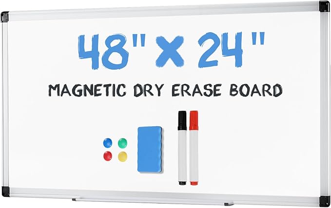 OLIXIS Magnetic White Board, Dry Erase Board for Wall 24" x 48", Whiteboard with 1 Dry Eraser & 2 Multicolor Markers & 4 Magnetic Pins, Aluminium Frame for School, Office, White