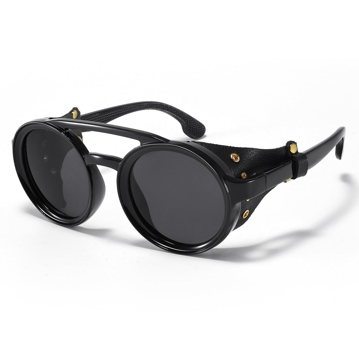 MUDIWRLO Polarized Round Steampunk Sunglasses with Leather Side Double Bridge Shield Retro Eyewear for Men Women(Black)