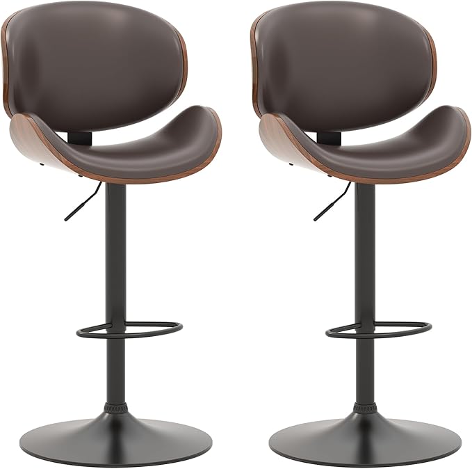 KCC Bar Stools Set of 2, Swivel Adjustable Height Barstools, PU Leather Upholstered Bar Chairs with Footrest, Bentwood Bar Stool for Kitchen, Bar, Dining Room(Brown PU)