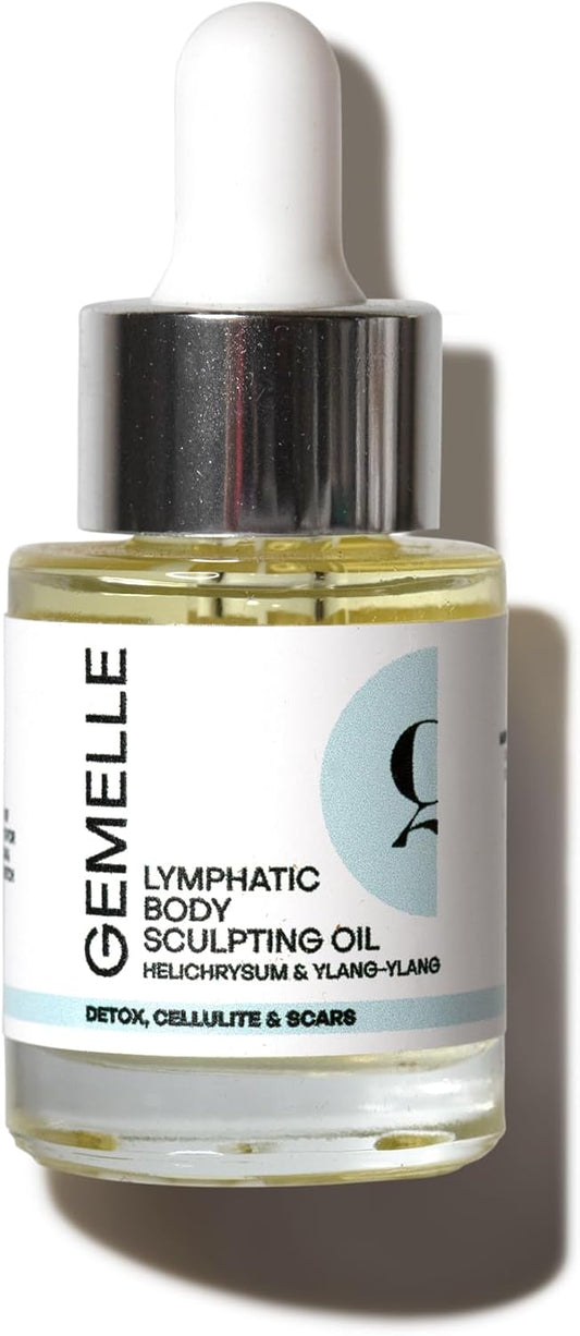 GEMELLE Lymphatic Gua Sha Body Oil | 10x Award Winner | Lymphatic Drainage, Anti-Cellulite, Sculpting | Vitamin E | Targeted Use with Gua Sha Tool | Natural, Clean Beauty – 15ml Travel, Starter Kit