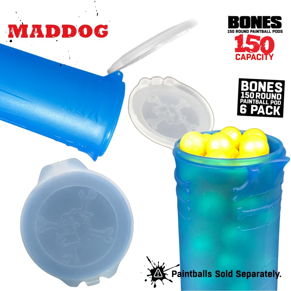 Maddog 150 Round Bones Paintball Pods | Durable Quick Reload Tubes for Tournament and Recreational Speedball Woodsball | 6 Pack - Aqua