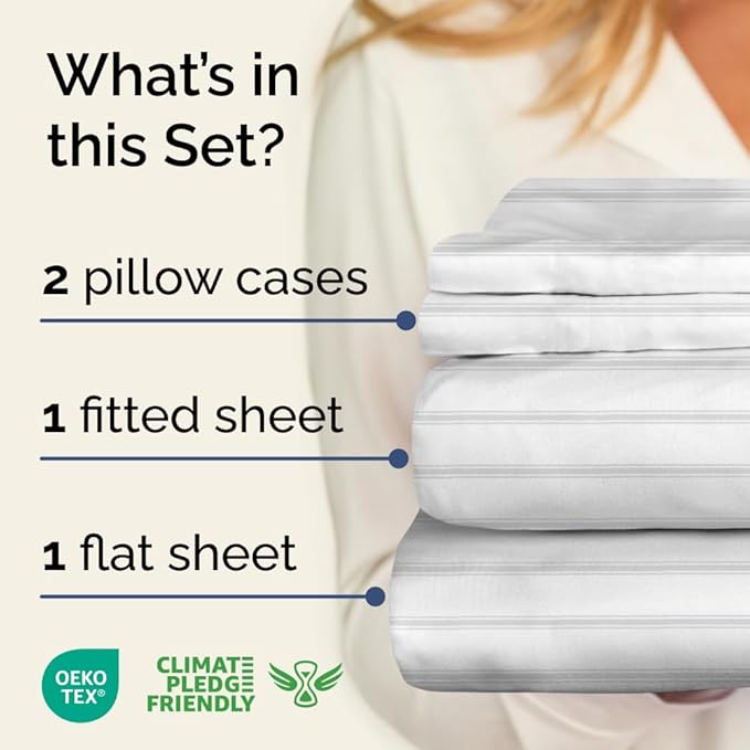 Light Grey and White Striped Sheets - 1 Flat & 1 Fitted Sheet & 2 Pillowcases w/ Deep Pockets - Wrinkle & Fade Resistant, Ultra-Soft, Breathable & Cooling - Luxury Pinstripe Bedding - Queen Size