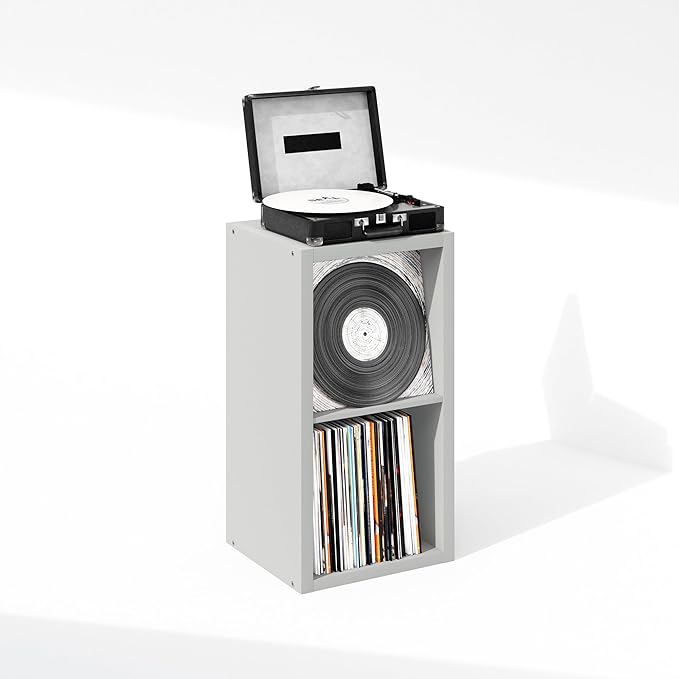 Furinno Cubicle Record Player Stand with Vinyl Storage, 2-Cube 1.2 Extra Thick Vinyl Record Storage, Open Back Media Shelf for CD DVD Blueray Game Disc, for Living Room, Home Office, Light Grey