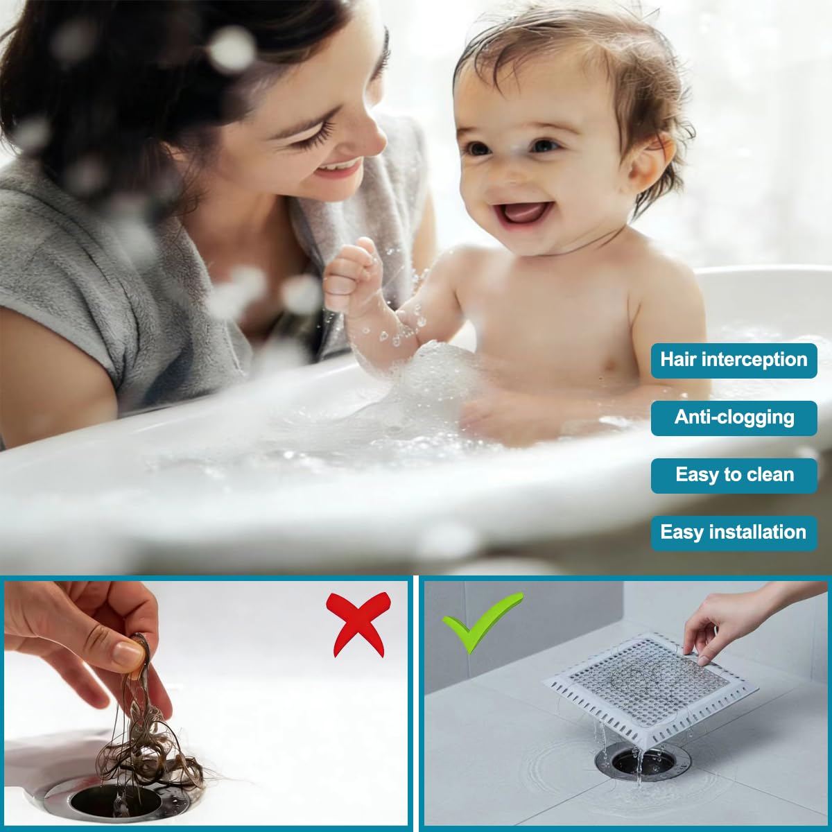 Folklyzo Drain Hair Catcher, 2pcs Square Shower Drain Cover for Bathroom, Drain Strainer, Stainless Steel and Silicone (Square)