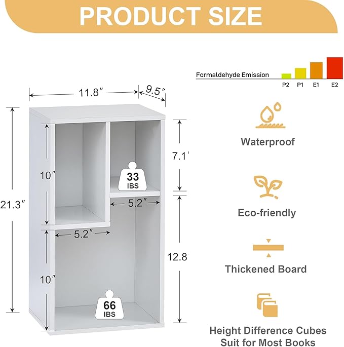 VECELO Small White Bookshelf, 5 Cube Slim Bookcase, Fits Tallest Hardcovers, Horizontal Available, Modern Floor Standing Unit, Each Shelf Hold Up to 66 LBS,White