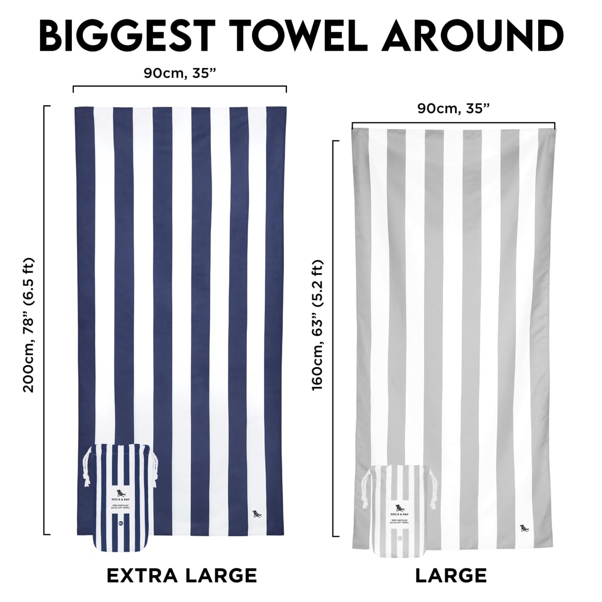 Dock & Bay Beach Towel - Quick Dry, Sand Free - Compact, Lightweight - 100% Recycled - Includes Bag - Cabana - Set of 6 - Large (160x90cm, 63x35)