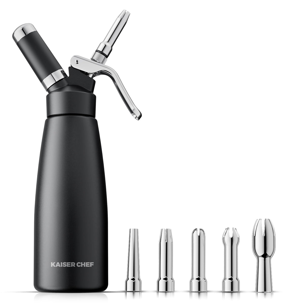 Professional Aluminum Whipped Cream Dispenser - 500 mL/1 Pint,Leak-Free Whipped Cream Maker Canister with 5 Decorating Nozzles & Cleaning Brush - for Desserts, Coffee Foam & Cold Foam (Black, 500ml)