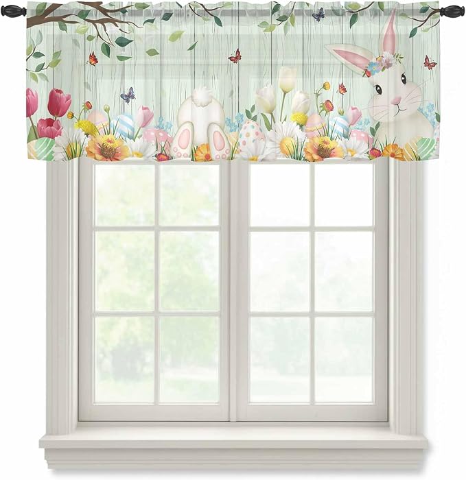 Easter Sheer Valances for Windows 60"x18", Light Filtering Kitchen Curtains