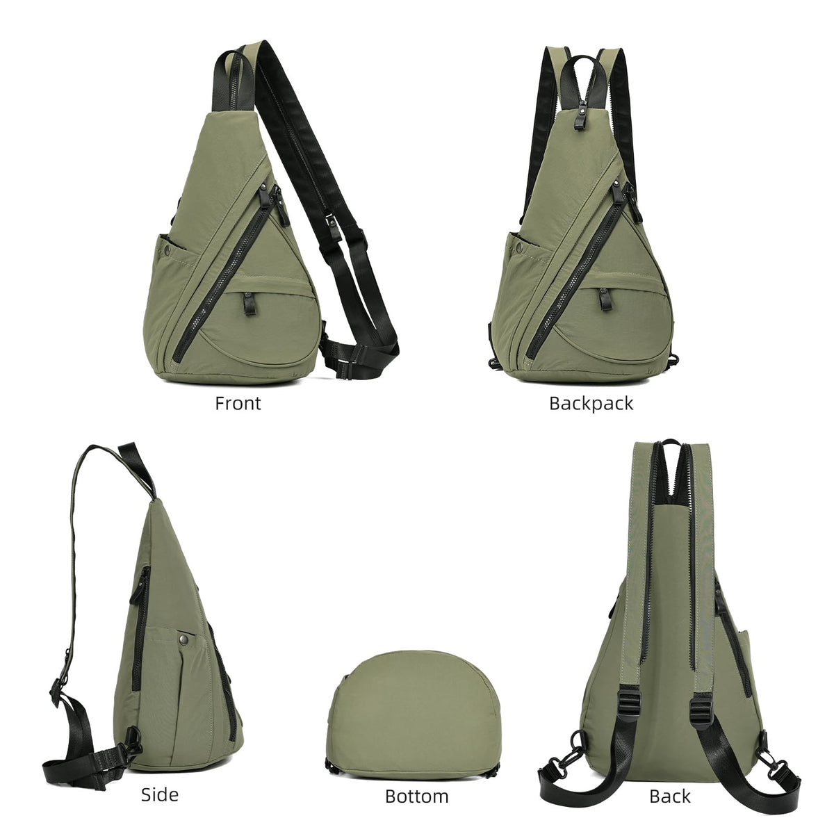 KL928 Crossbody Sling Backpack Nylon Cross Body Bag Travel Hiking Shoulder Bags Daypack Rucksack Unisex (Olive Green)