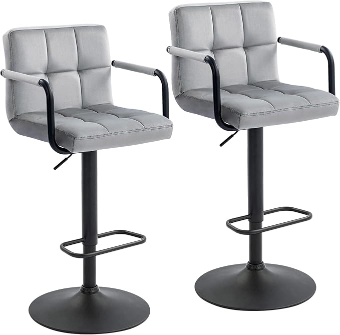 Furnimart Adjustable Bar Stool Swivel Barstools Set of 2 Counter Stools with Armrest and Footrest Upholstered Bar Chairs for Kitchen and Dining Room (Velvet-Grey)