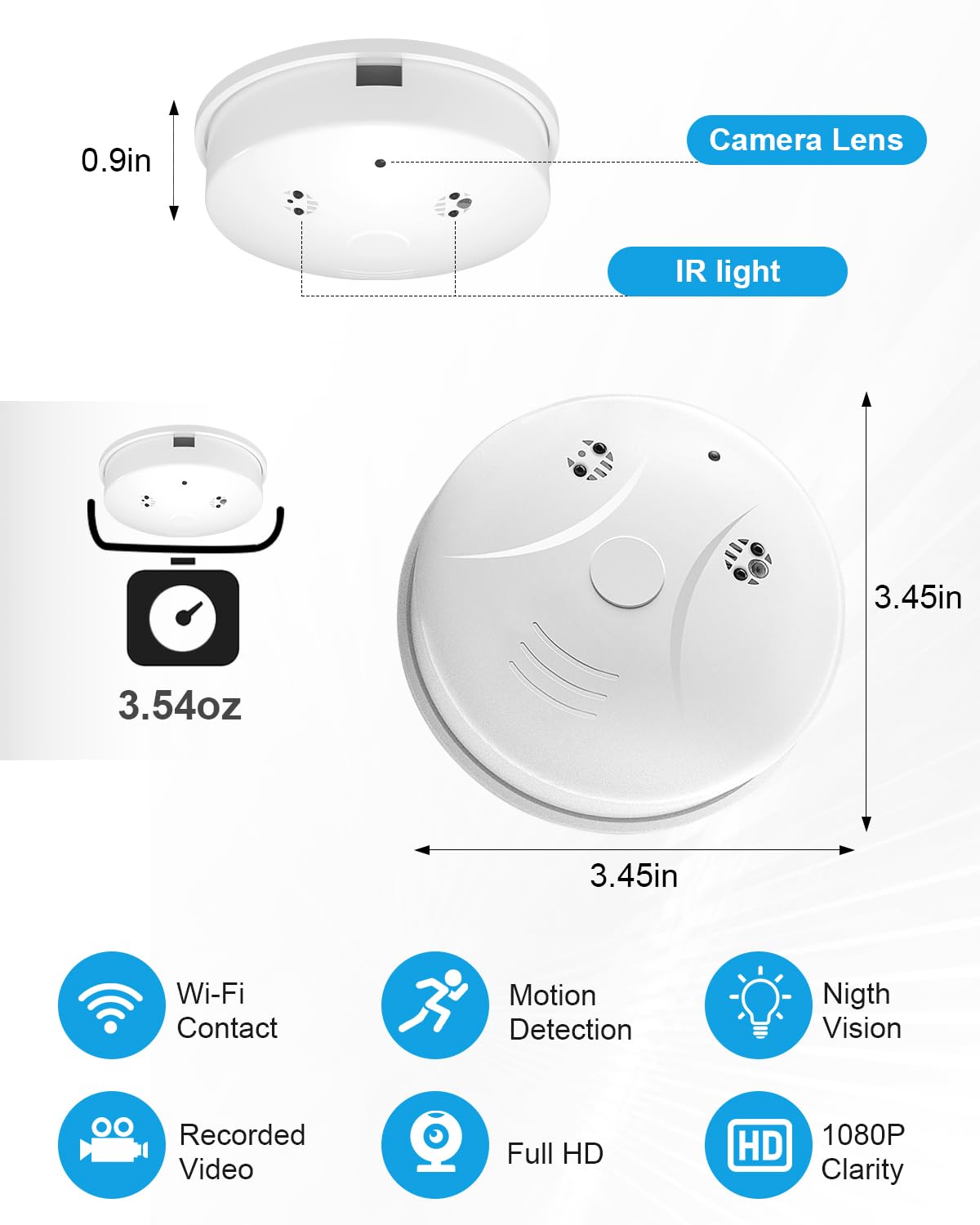 braosusner HD 1080P Spy Camera Hidden Cameras Smoke Detector, Mini Small Nanny Cam with Motion Detection, Indoor Wireless Surveillance for Home Security/Office with app