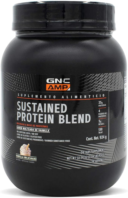 GNC AMP Sustained Protein Blend | Targeted Muscle Building and Exercise Formula | 4 Protein Sources with Rapid & Sustained Release | Gluten Free | Vanilla Milkshake | 28 Servings