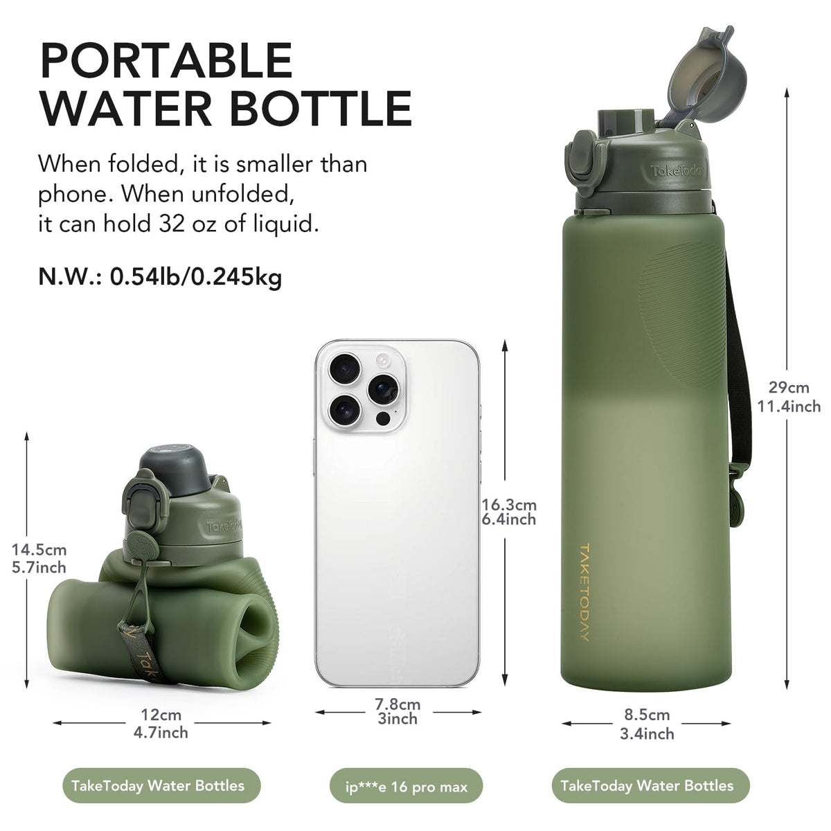 TakeToday Collapsible Water Bottles for International Travel, 32oz Green