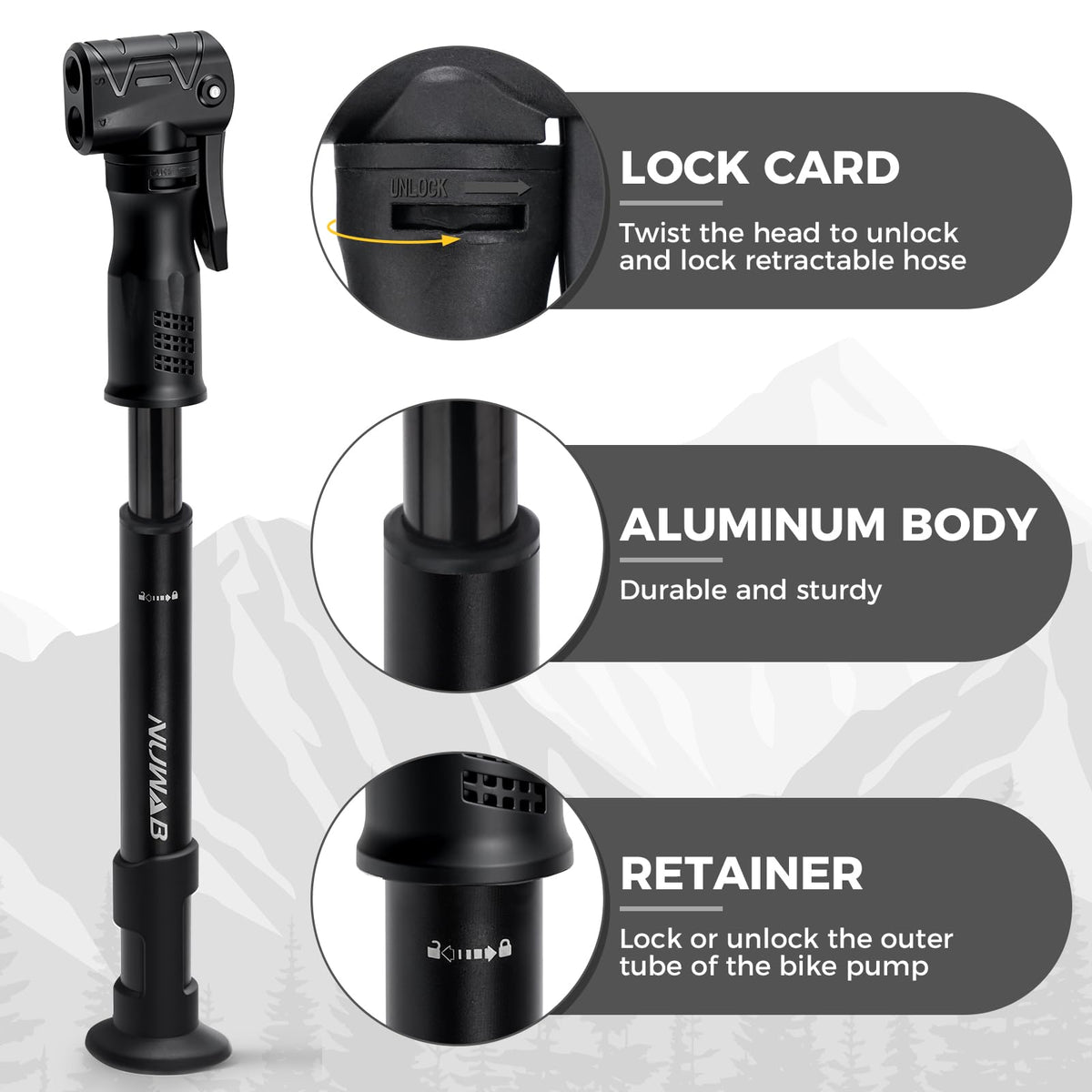 NUWAB Mini Bike Pump with Gauge, 10 Inch Portable Hand Bicycle Pump, 100PSI, Support Shrader and Presta, Fast Air Out Ball Pump, Work with All Bikes and Balls, Swimming Ring