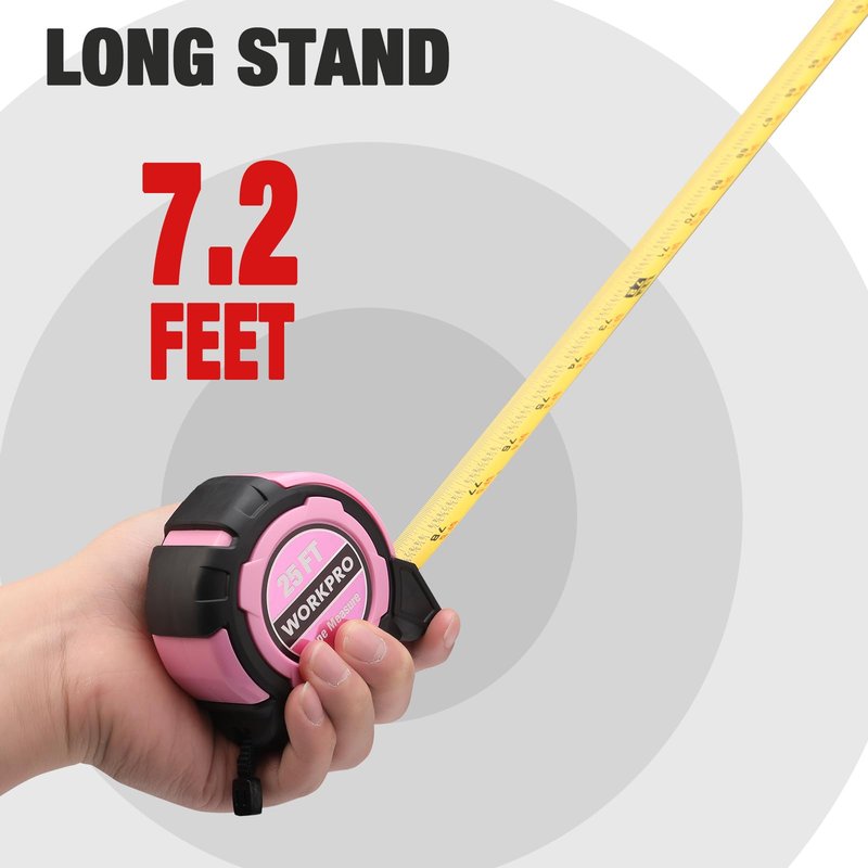 WORKPRO 25FT Pink Tape Measure, 1/8 Fractions Easy Read Measuring Tape, Retractable Nylon Coating Measurement Tape Accuracy 1/32, Magnetic Hook, Belt Clip, Rubber Protective Casing - Pink Ribbon