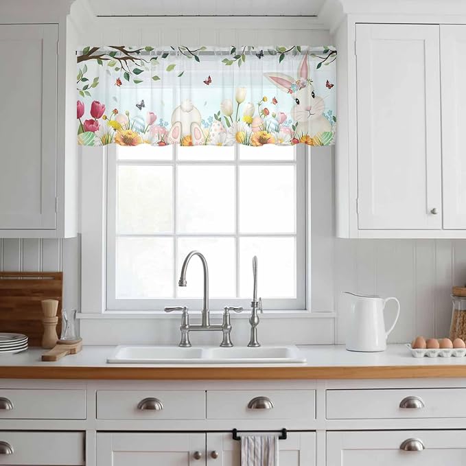 Easter Sheer Valances for Windows 42"x12", Light Filtering Kitchen Curtains