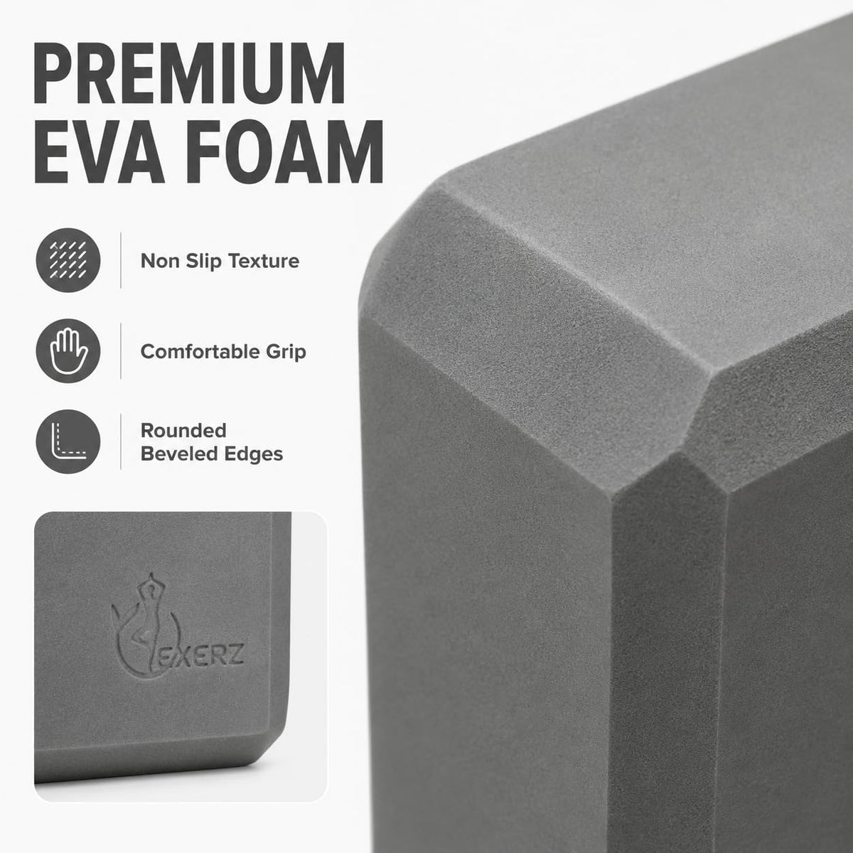 Exerz Yoga Blocks 2 Pack EVA Foam Gym Bricks Pilates Stretch Gray