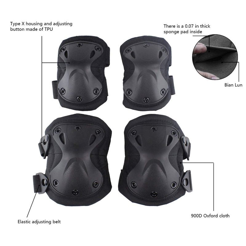 AOUTACC Combat Knee & Elbow Protective Pads Set for Outdoor CS Paintball Game Cycling Safety Skateboarding Gear Skates Knee Protection Guard Pads (Black)