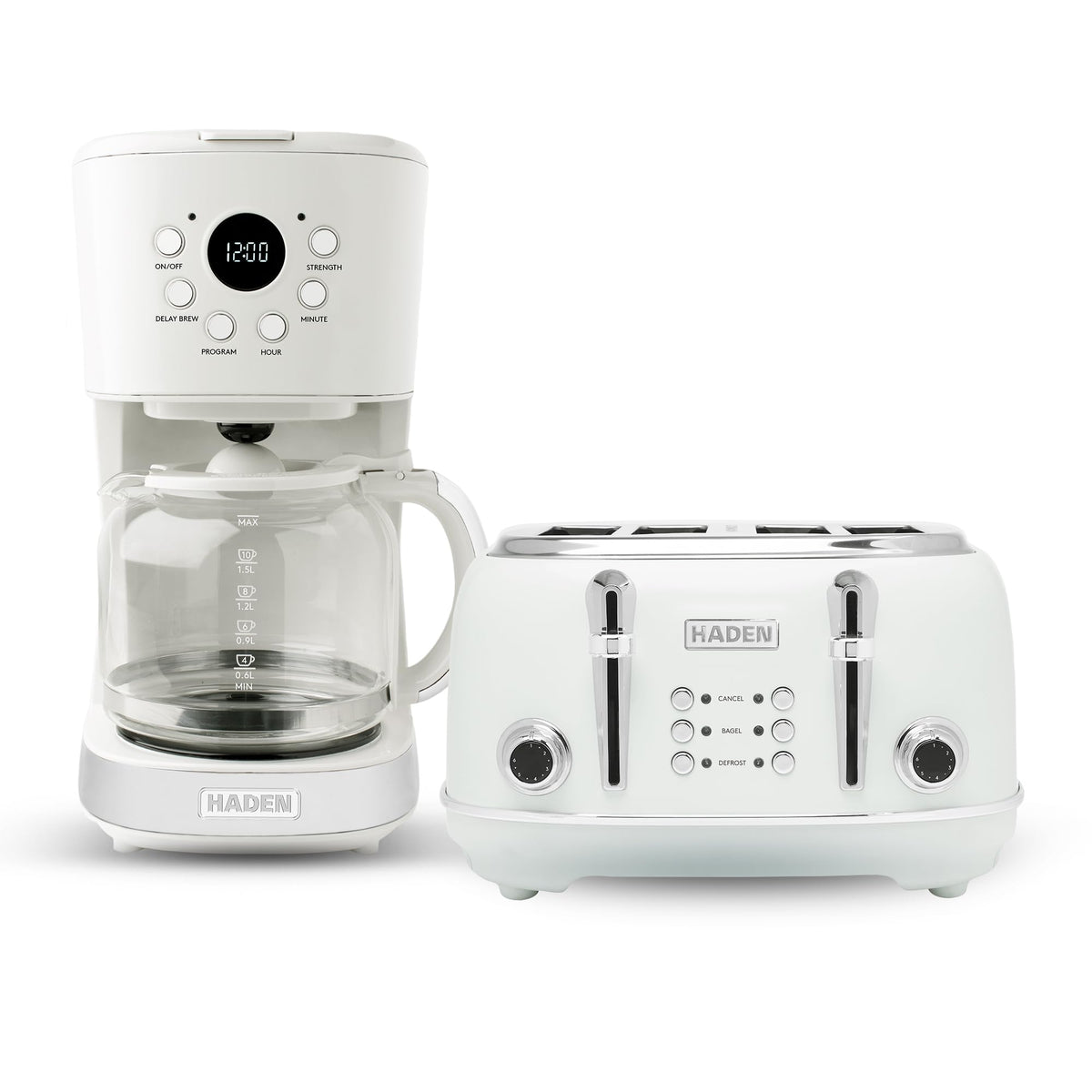 HADEN Heritage 4 Slice Wide Slot Stainless Steel Toaster Bundled with 12 Cup Programmable Drip Coffee Maker Coffee Machine, Black & Chrome