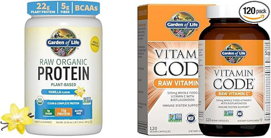 Garden of Life Organic Vegan Vanilla Protein Powder 22g - Vitamin Code Vitamin C 120 Capsules Bundle