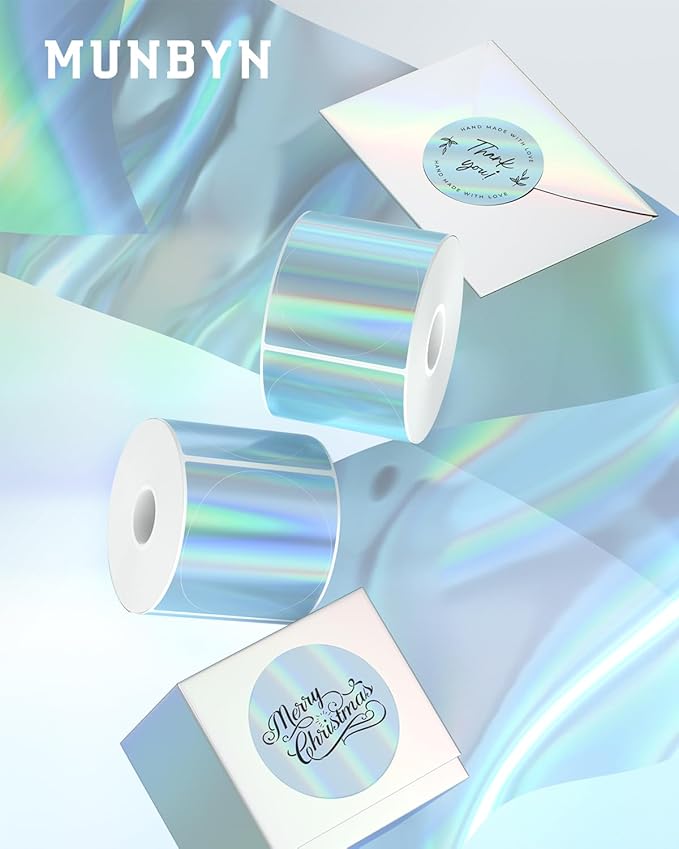 MUNBYN 2" Circle Holographic Thermal Label Stickers Blue, Round Printable Rainbow Glitter Thermal Printer Sticker Labels for Gift Wrapping, Self-Adhesive Name Price Tag DIY Custom Logo Design