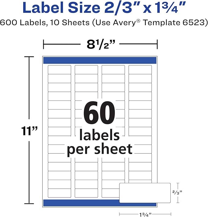 Avery Return Address Labels, Sure Feed and Easy Peel Technology, Glossy White Labels, 2/3" x 1-3/4", Permanent Adhesive, Laser/Inkjet, 600 Total (6523)
