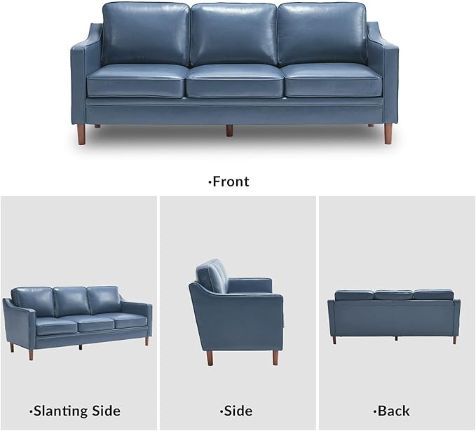 Kingfun 80" Faux Leather Sofa, 3 Seater Couch, Mid Century Modern Couch with Solid Wood Frame for Living Room & Bedroom, Blue