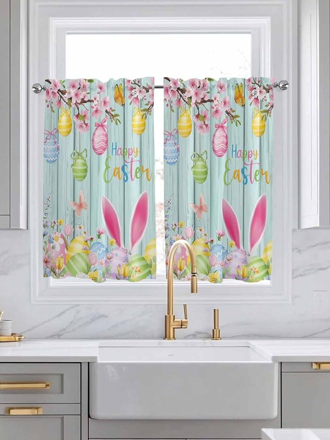 Happy Easter Kitchen Curtains 54 Inches Length, Spring Bunny Eggs Flower Teal