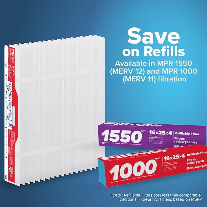 Filtrete 20x25x4 Refillable Air Filter replacement, MPR 1000, MERV 11, Allergen