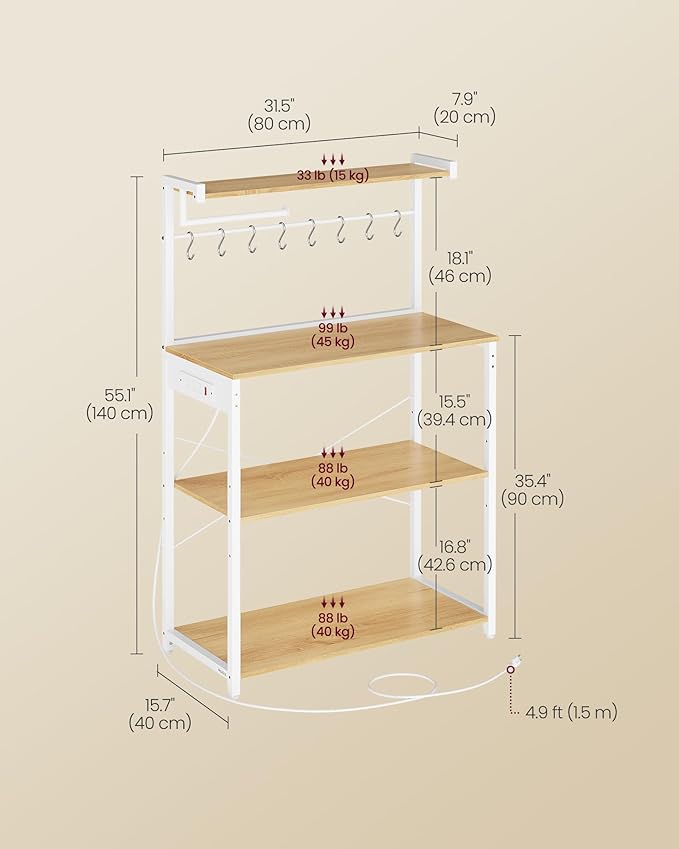 VASAGLE Kitchen Bakers Rack with Power Outlet, Coffee Bar 4-Tier with 8 S Hooks, Microwave Stand, Adjustable Shelf, 15.7 x 31.5 x 55.1 Inches, Golden Oak and Cloud White UKKS029YA01