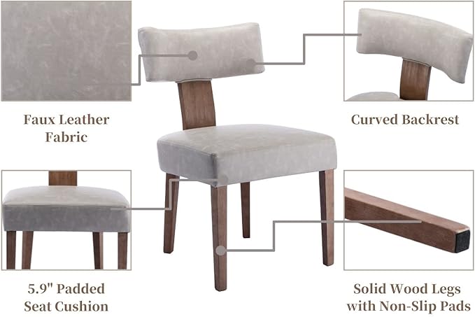 Mid Century Modern Dining Chairs Set of 2 PU Leather Upholstered Side Chairs, Modern Kitchen Armless Parson Chairs Solid Wood Dining Chairs for Kitchen Dining Room, Grey