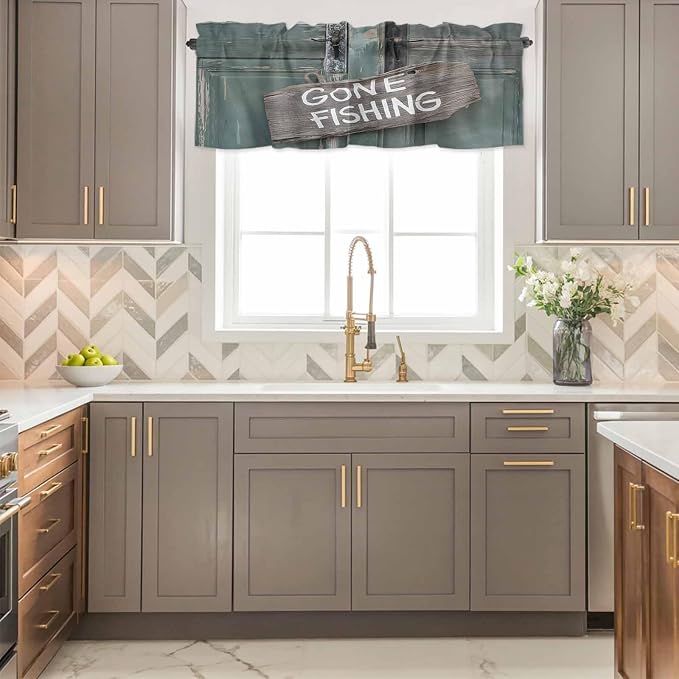 Gone Fishing Valances for Windows, Bronze Wood Grain Kitchen Valance Light