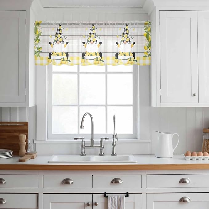 Lemon Dwarfs Sheer Valance Curtains, Gnome Green Leaf Wood Striped Black Plaid