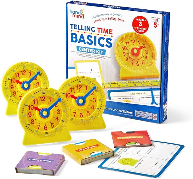 Hand2Mind Telling Time Basics Center Kit - Learn to Tell Time Activity Set with Analog Classroom Clock for Kids, Yellow
