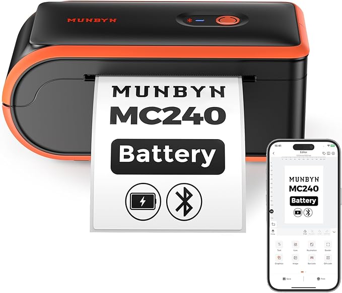 MUNBYN MC240 Bluetooth Thermal Label Printer with Battery, Built-in Paper Bin, Portable Wireless 4×6 Shipping Label Printer, Compatible with iOS, Android, Windows, Mac, Works for Small Business