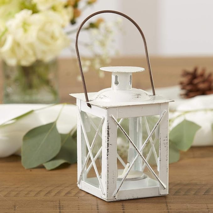 Kate Aspen Rustic Shelf Decor Luminous Vintage Tea Light Votive Candle Holders Metal Mini Decorative Lantern, Distressed White (Pack of 2)