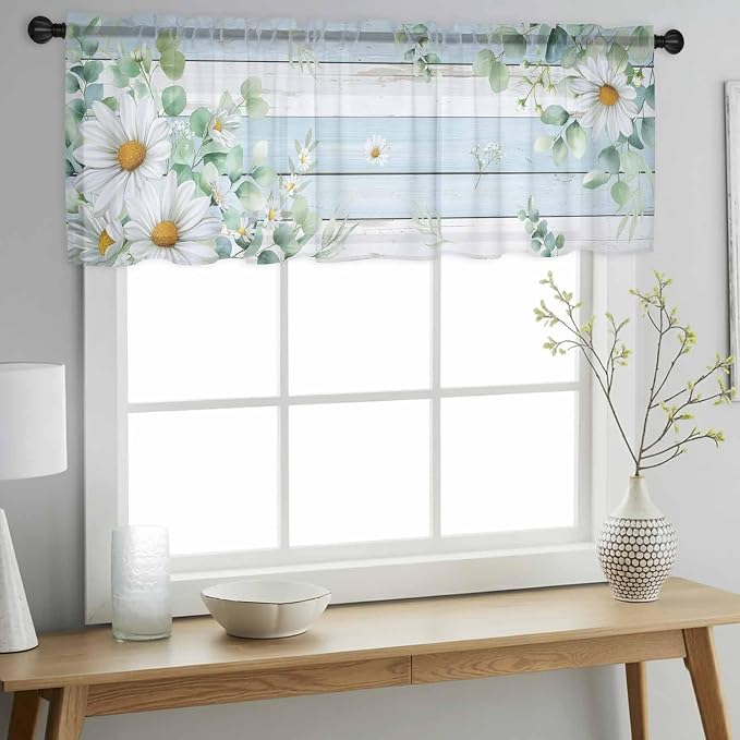 Daisy Eucalyptus Leaves Sheer Valance Curtains