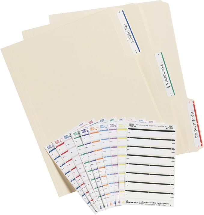 Avery File Folder Labels on 4" x 6" Sheets, Easy Peel, Assorted, Print & Handwrite, 2/3" x 3-7/16", 252 Labels (5215)