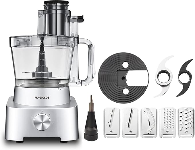 Magiccos 14-Cup Aluminum-Diecast Food-Processor - XL Bowl, Large Chute, 800W Motor & Silver Die-Cast Base, Slicing & Shredding, Chopping & Mixing, For Fries, Cheese, Meat & Veggie Prep, For Home Use